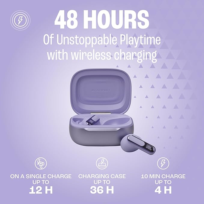 JBL Live Beam 3 - True wireless noise-cancelling closed-stick earbuds, 48Hrs total playback, Wireless Charging, 6 Mics for perfect calls, Multi-point connection, IP55 waterproof and dustproof (Purple)
