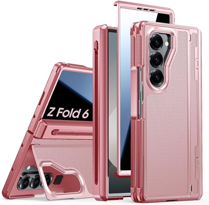 for Galaxy Z Fold 6 Case, S Pen Holder & Privacy Screen Protector & Kickstand & Hinge Protection, Slim Rugged Military-Grade Shockproof Protective Phone Case for Samsung Fold 6 Case (Pink)