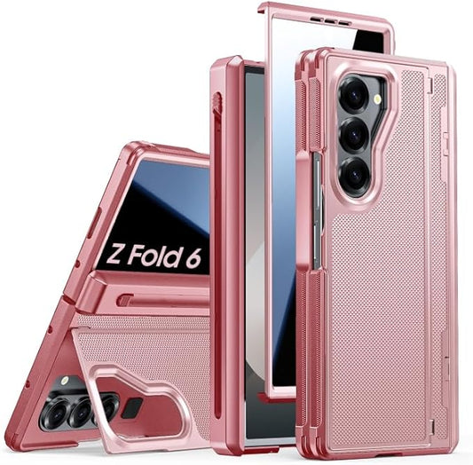 for Galaxy Z Fold 6 Case, S Pen Holder & Privacy Screen Protector & Kickstand & Hinge Protection, Slim Rugged Military-Grade Shockproof Protective Phone Case for Samsung Fold 6 Case (Pink)