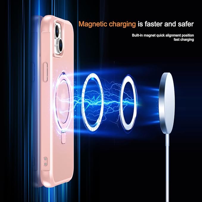 Magnetic Compatible with iPhone 15 Plus Case with Stand [Military Grade Drop Tested][Compatible with Magnet] Ring Translucent Slim Hard Back Soft Edge, Pink
