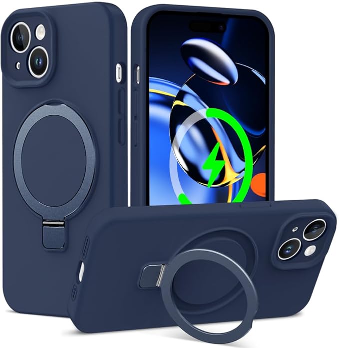 ZHK Liquid Silicone Designed for iPhone 15 Plus Case with Magnet Stand, [Precise Camera Lens Protection][Mil-Grade Drop Shockproof][Soft Anti-Scratch Microfiber Lining] Slim Fit Cover, Navy Blue