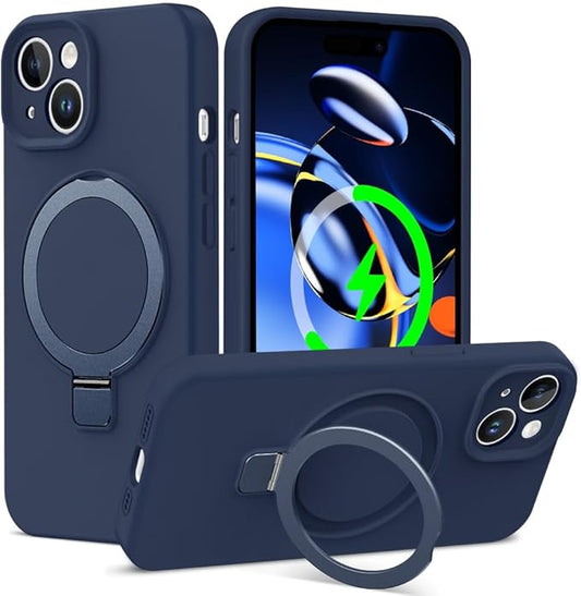ZHK Liquid Silicone Designed for iPhone 15 Plus Case with Magnet Stand, [Precise Camera Lens Protection][Mil-Grade Drop Shockproof][Soft Anti-Scratch Microfiber Lining] Slim Fit Cover, Navy Blue