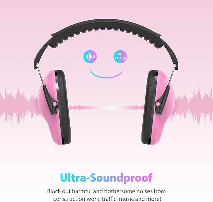 Dr.meter Noise Cancelling Headphones for Kids: EM100 SNR27.4 Kids Ear Protection Earmuffs with Adjustable Headband, Ear Muffs for Noise Reduction in Monster Jam, Concert, Firework, Mowing, Pink