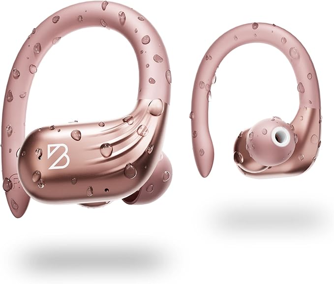 Rose Gold Wireless Running Earbuds for Women. Pink Bluetooth Sport Earbuds for Running, 80 Hour Long Battery Life Over the Ear with EarHooks, Wrap Around Ear buds with Microphone, Earphones