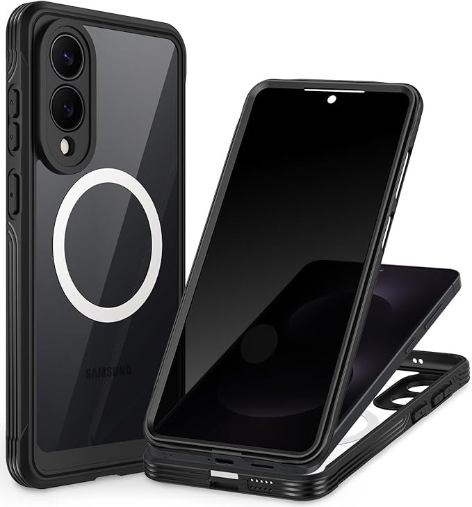 CENHUFO Magnetic Privacy for Samsung Galaxy S25 Edge Case, Full Body Phone Case with Built-in 9H Tempered Glass Privacy Screen Protector and Camera Protector, Shockproof Bumper Clear Cover - Black