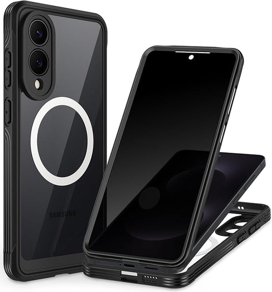 CENHUFO Magnetic Privacy for Samsung Galaxy S25 Edge Case, Full Body Phone Case with Built-in 9H Tempered Glass Privacy Screen Protector and Camera Protector, Shockproof Bumper Clear Cover - Black