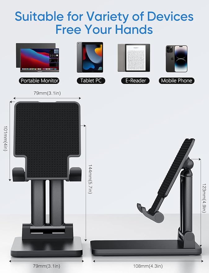 ARZOPA Cell Phone Stand Angle Height Adjustable Phone Holder for Desk, Foldable Phone Stand, Compatible with iPhone, iPad, Surface Pro, Portable Monitor 7" - 15.6"