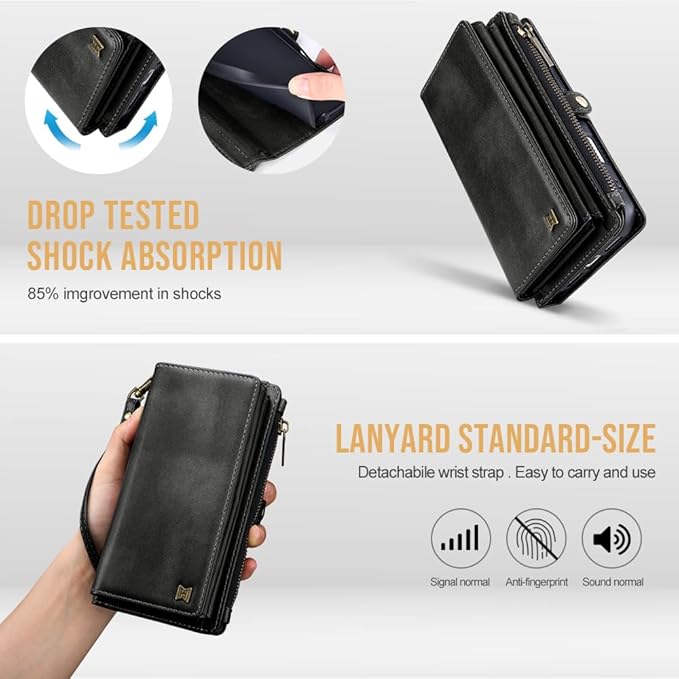 for iPhone 17 Pro Max Wallet Phone Case with 8 Card Holder,RFID Blocking | PU Leather | Kickstand | Flip | Wrist Strap&Shoulder Strap | Shockproof | Zipper Wallet | Women Men | 6.9" | Black