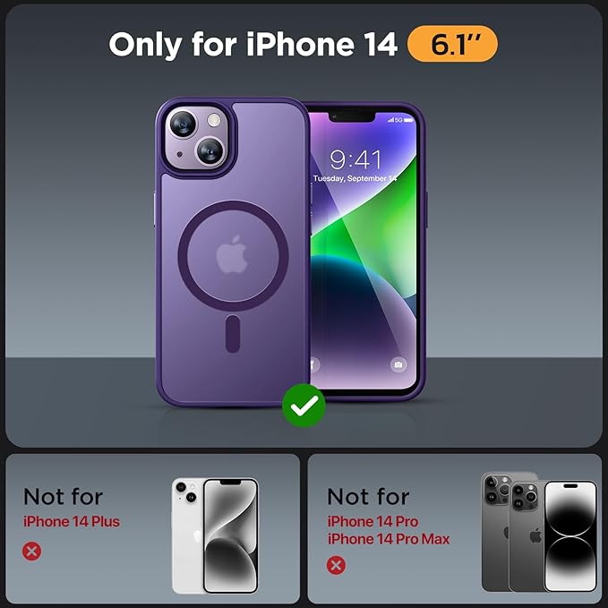 Miracase Magnetic for iPhone 14 Case 6.1 inch (Compatible with MagSafe)（with 2X Screen Protectors） Military-Grade Protection, Anti-Fingerprint Translucent Matte Phone Case Cover, Dark Purple