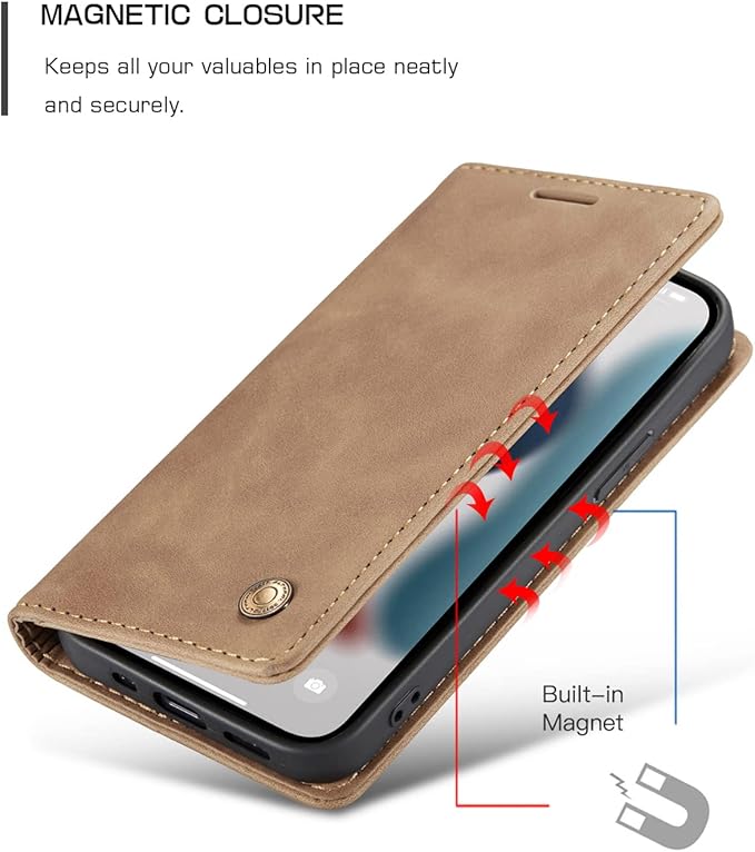QLTYPRI Case for iPhone 14, Vintage PU Leather Wallet Case Card Slot Kickstand Magnetic Closure Shockproof Flip Folio Book Case Cover for iPhone 14(6.1 inch) - Brown