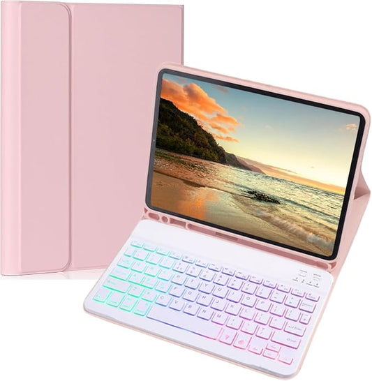 Keyboard Case for Galaxy Tab A8 10.5 Inch 2022, Slim Lightweight 7 Color Rainbow Backlight Detachable Magnetic Keyboard Cover with S Pen Holder,Pink