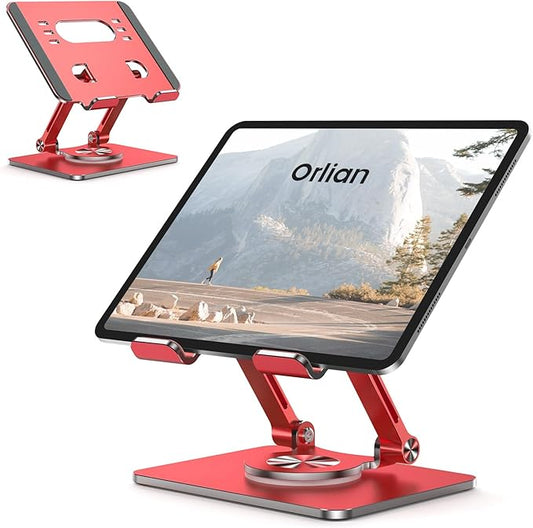 Tablet Stand Holder with Thickened 360°Rotating Base Dual Rod Adjustable Aluminum Stand for All 5.8-12.9” iPad Samsung Phone Tablet Kindle E-Reader and More, Gold