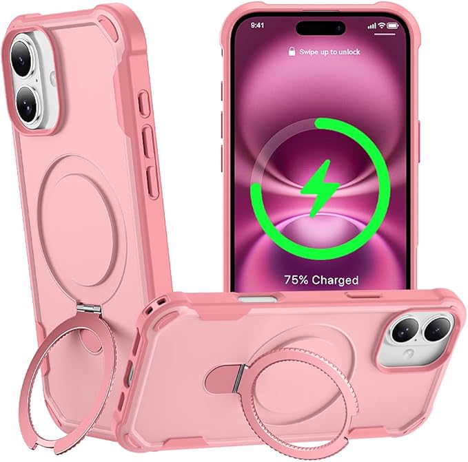 Designed for iPhone 16 Case with Magnetic Stand [Military Drop Protection][Compatible with Magnet] Shockproof 16 Phone Case with Ring Holder, Pink
