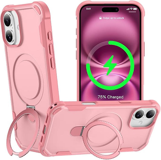 Designed for iPhone 16 Case with Magnetic Stand [Military Drop Protection][Compatible with Magnet] Shockproof 16 Phone Case with Ring Holder, Pink