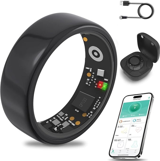 Smart Ring for Women Men with a Black Charging Box,Bluetooth Connection,Health Ring,IP68 Waterproof, Fitness Ring Tracks Heart Rate/Sleep/Steps/Sports Activities/Blood Oxygen(Black 8)