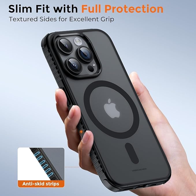 UNBREAKcable Magnetic Case for iPhone 15 Pro, [Compatible with MagSafe] [Non-Slip Grip] [Anti-Fingerprint] Translucent Matte Back & Soft TPU Bumper with Airbag Corners for iPhone 15 Pro 6.1" – Black
