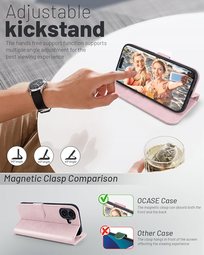 OCASE Compatible with iPhone 16 Wallet Case, PU Leather Flip Folio Case with Card Holders RFID Blocking Kickstand [Shockproof TPU Inner Shell] Phone Cover 6.1 Inch 2024, Light Pink