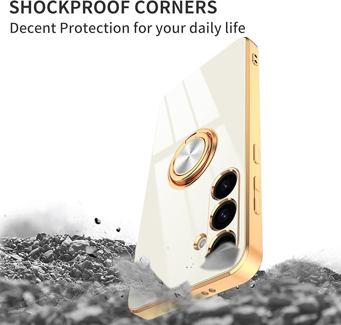 Dinick White for Samsung Galaxy S24+ Case with Ring Holder Kickstand [with Magnetic] Soft TPU Bumper, Glitter Gold Electroplated Cover Slim Thin Protective Phone Case for Galaxy S24 Plus