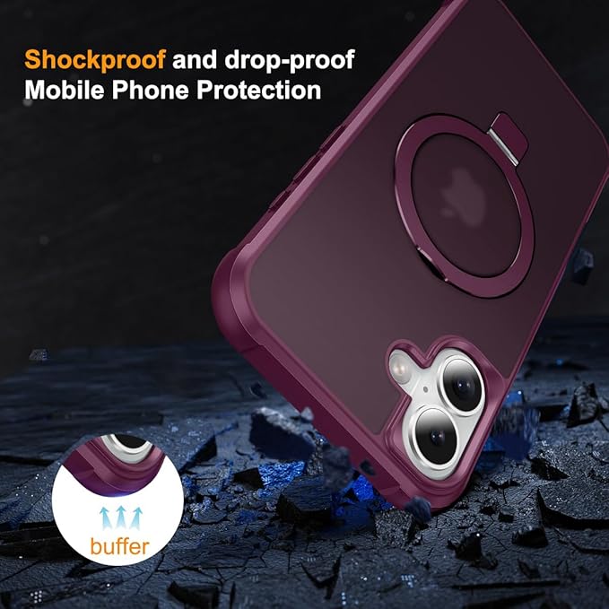 Magnetic Compatible with iPhone 16 Plus Case with Stand [Military Grade Drop Tested][Compatible with Magnet] Ring Translucent Slim Hard Back Soft Edge, Wine Red