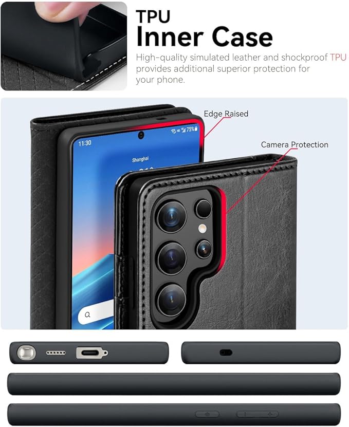 OCASE Compatible with Galaxy S25 Ultra Wallet Case, PU Leather Flip Folio Case with Card Holders RFID Blocking Kickstand [Shockproof TPU Inner Shell] Protective Phone Cover 2025, Black