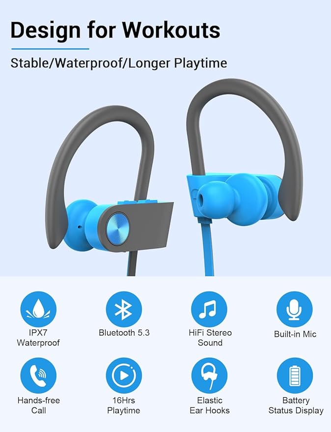 Stiive Bluetooth Headphones, 5.3 Wireless Sports Earbuds IPX7 Waterproof with Mic, Stereo Sweatproof in-Ear Earphones, Noise Cancelling Headsets for Gym Running Workout, 16 Hour Playtime - Bluegrey