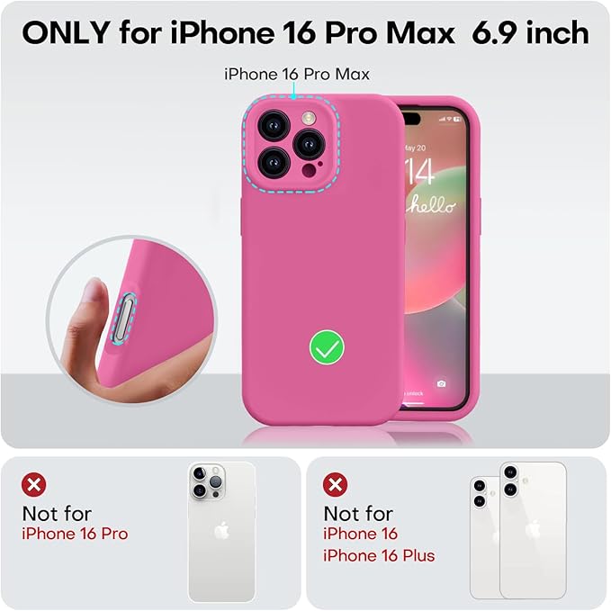 Vooii Compatible with iPhone 16 Pro Max Case, Liquid Silicone Upgrade [Camera Protection] [Soft Anti-Scratch Microfiber Lining] Shockproof Phone Case for iPhone 16 Pro Max 6.9 inch - Pitaya