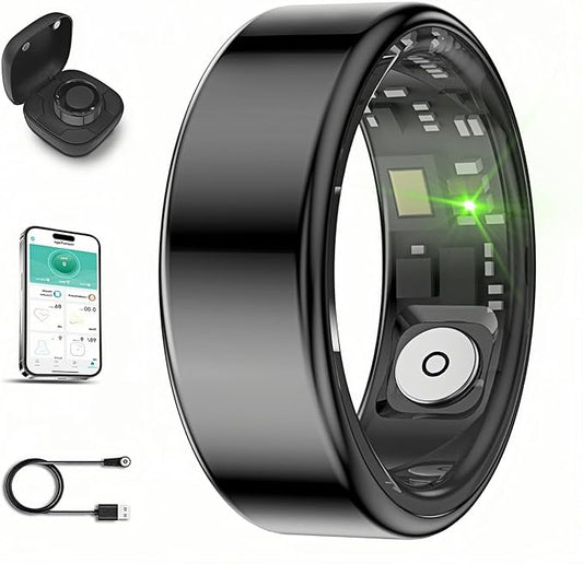 Smart Ring for Men Women with Black Charging Box, Bluetooth, Health Ring , IP68 Waterproof, Fitness Ring Tracks Heart Rate/Sleep/Steps/Sports Activities/Blood Oxygen,non-subscription app (Black, 7)