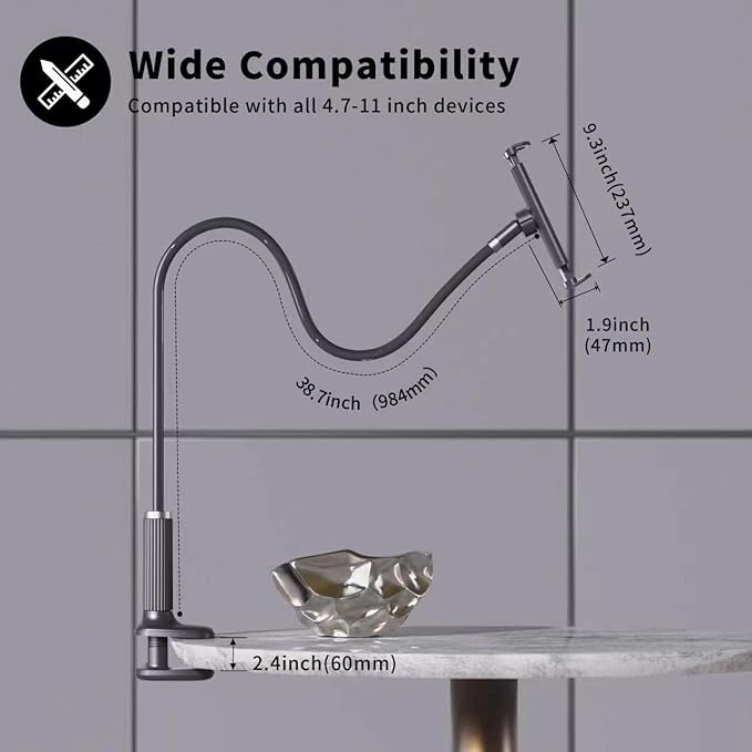 Gooseneck Tablet Holder - Flexible Tablet Stand, Tablet Holder,Cell Phone Holder,Cell Stand, Flexible Adjustable Arm in Bed for/Mobile Phone/Switch/etc, 98 cm Total Length (Black)