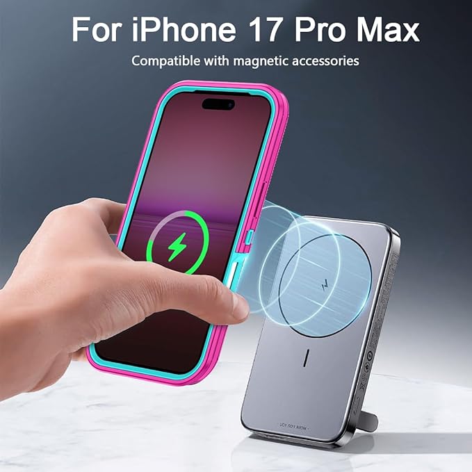 for iPhone 17 Pro Max Case [Compatible with MagSafe] Shockproof 3-Layer Full Body Protection [Without Screen Protector] Rugged Heavy Duty Cover Case for Apple iPhone 17 Pro Max,Rose Red/Green