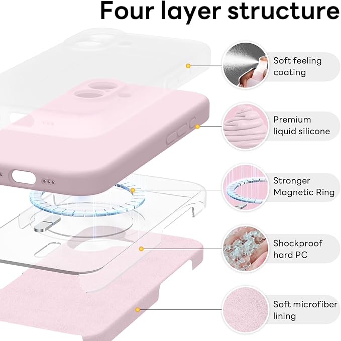 Vooii Magnetic Compatible with iPhone 17 Case (Compatible with Magsafe) (Upgraded Camera Protection) Liquid Silicone Shockproof Full Body Protective Phone Cover for Women Men, Chalk Pink, 6.3"