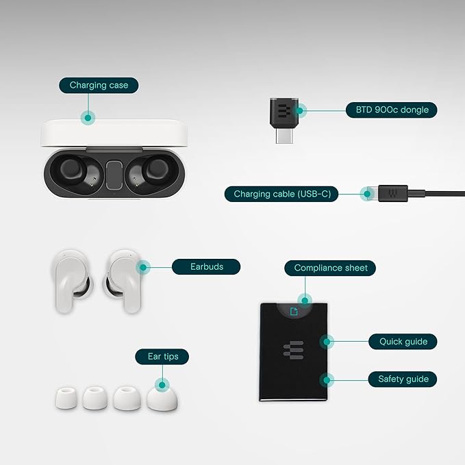 EPOS ADAPT E1 True Wireless Earbuds White - Hybrid ANC, Multi-Point Bluetooth, Microsoft Teams & Made for iPhone Certified, 50H Battery, Wireless Charging, Semi Open, USB C Dongle IPX5 Water Resistant