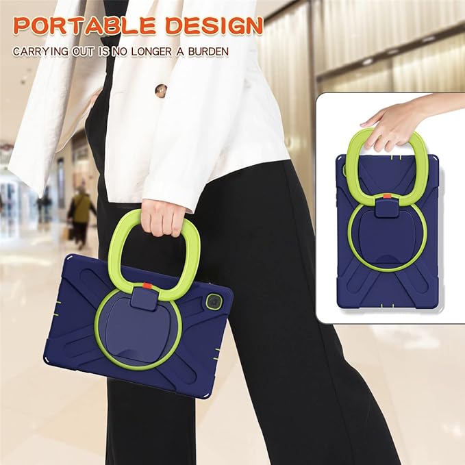 360 Rotation Case for Samsung Galaxy Tab S6 Lite 10.4" Sturdy Cover Rotate Ring Stand Shoulder Carrying Strap Hand Strap Rugged Children Adults Outdoor Case (Navy+Green)