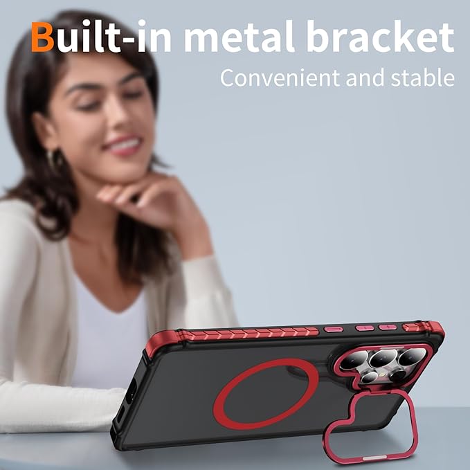 Magnetic for Samsung Galaxy S25 Ultra Case Red Fit for MagSafe Military-Grade Shockproof Protection Adjustable Kickstand Slim Matte Anti-Fingerprint Cover Men Women