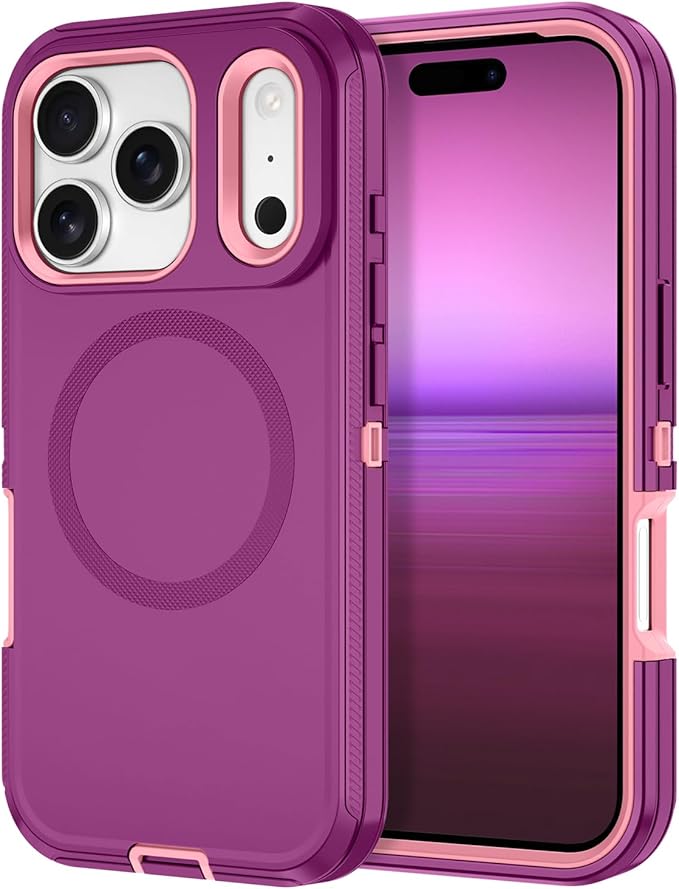 for iPhone 17 Pro Case [Compatible with MagSafe] Shockproof 3-Layer Full Body Protection [Without Screen Protector] Rugged Heavy Duty Cover Case for Apple iPhone 17 Pro 6.3" 2025,Purple/Pink