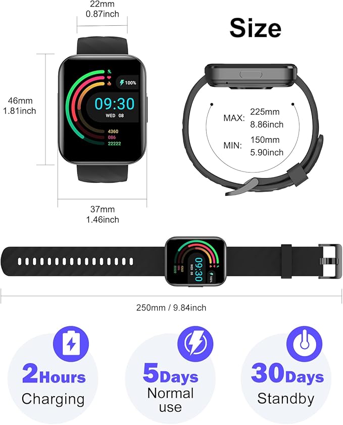Smart Watch (Answer/Make Calls), 1.85" Smart Watches for Men Women Digital Watch Fitness Tracker with 100+ Sport Modes Heart Rate Monitor for iOS Android Phones Waterproof Black
