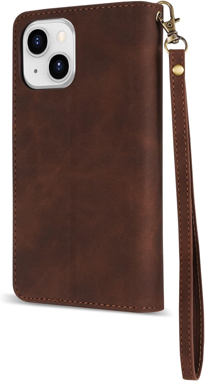 ZZXX For iPhone 14 Plus Case Wallet With [RFID Blocking] Card Slot Premium Soft PU Leather Zipper Flip Folio With Wrist Strap Kickstand Protective Cover For iPhone 14 Plus Wallet Case(Coffee-6.7 inch)