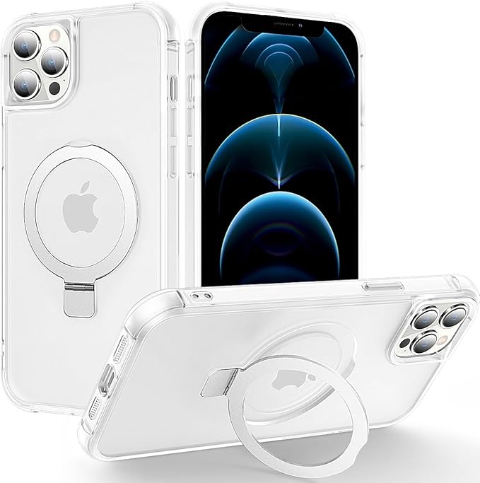 Magnetic Compatible with iPhone 12 Pro Max Case with Stand [Military Grade Drop Tested][Compatible with Magnet] Ring Translucent Slim Hard Back Soft Edge, Frost White