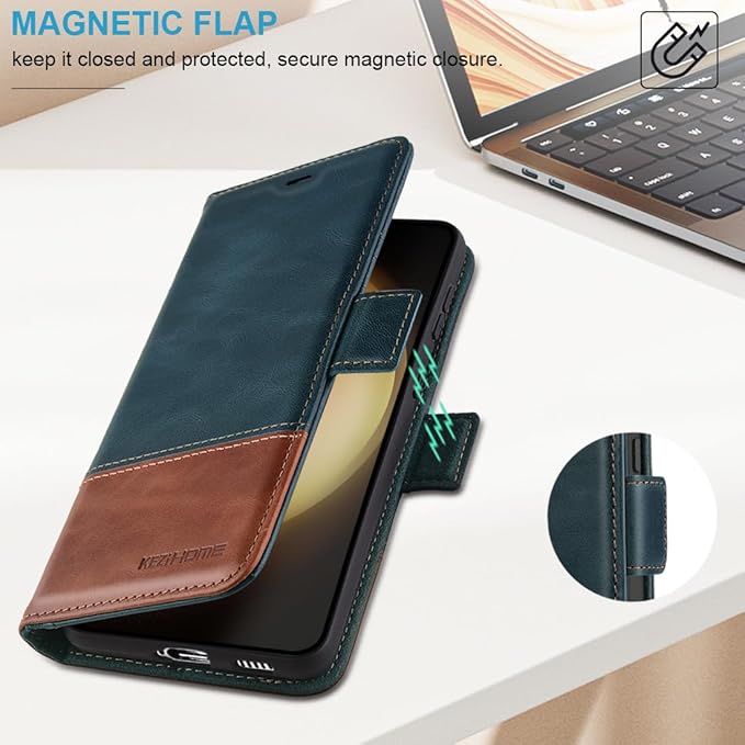 KEZiHOME Galaxy S24+ Plus 5G Wallet Case, Genuine Leather, RFID Blocking, Magnetic, Card Holder, Navy Blue/Brown