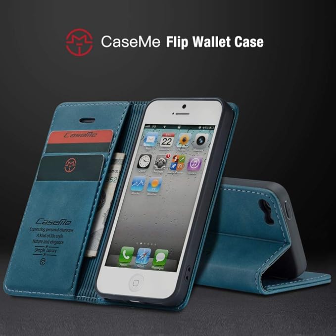 for iPhone 5 / iPhone 5S / iPhone SE (2016) Case, Flip Wallet Leather Case with Card Holder Magnetic Closure Shockproof Kickstand Protective Phone Cases Cover for iPhone 5S,Blue-Green