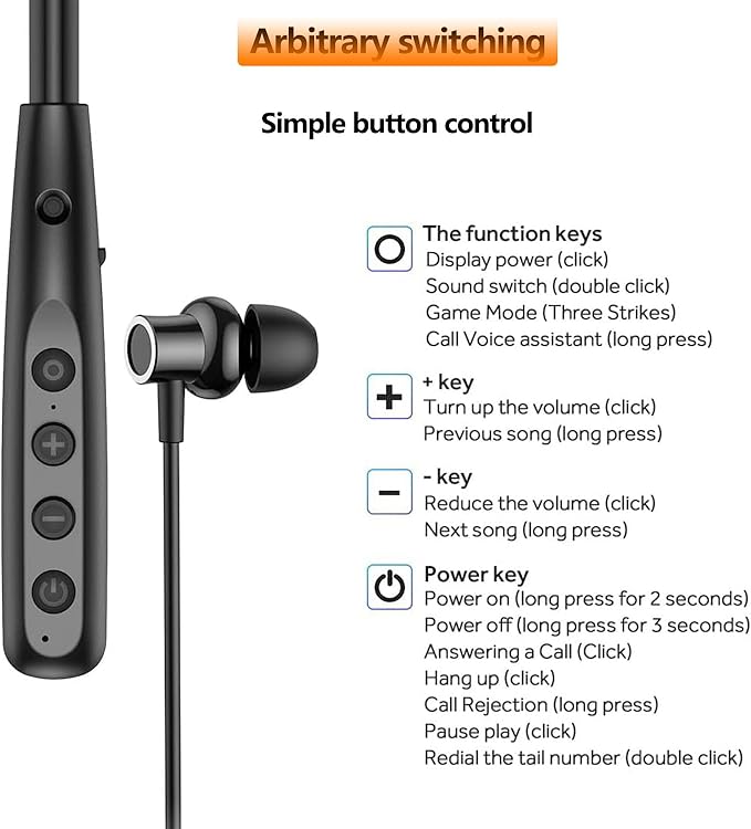 Neckband Bluetooth Headphone with LED Power, Neckband Headphones 100 Hours Playtime, in-Ear Bluetooth Headphone with Microphone for Running and Exercising in The Gym (Y10)