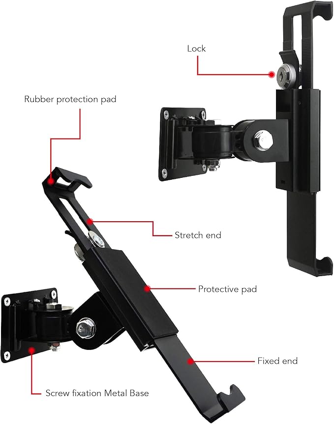 Tablet Wall Mount Holder with Lock and Key, Rotate Design Arbitrary Adjustment,Multi Angle,Bracket for Most 8 to 10.4 Inch,and for iPad Air &10.2,10.9,Pro 11 Galaxy tab,and More (Black)