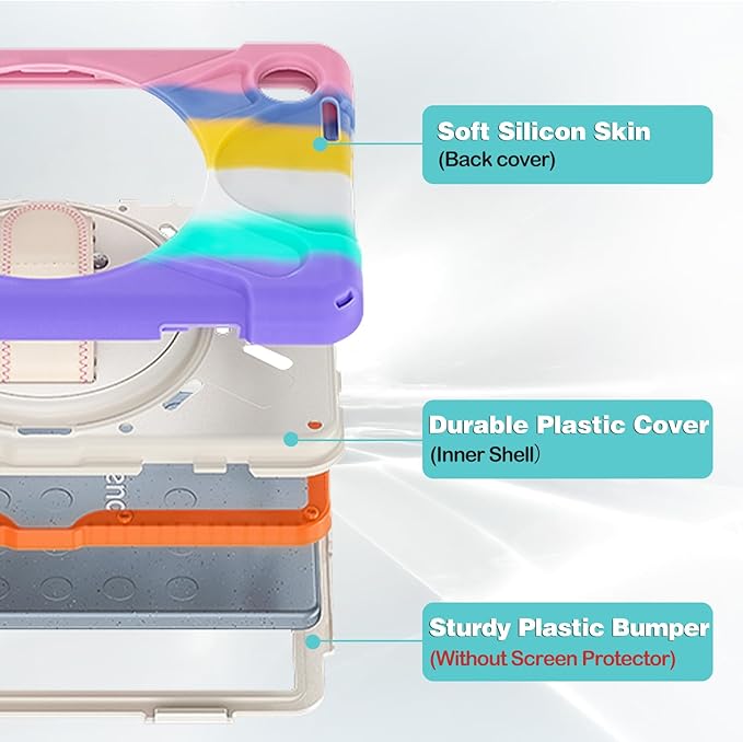 ProCase Rugged Case for Lenovo Tab One/K9 8.7 Inch 2025, Heavy Duty Shockproof Rugged Protective Cover Rotating Kickstand with Handle Holder Shoulder Strap for Lenovo Tab One/K9 -Colorful