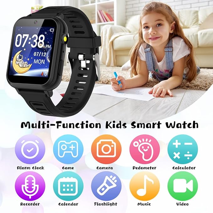 Retysaz Kids Smart Watch,24 Game Smart Watch for Kids, Fashion Smartwatches for Children 3-14 Great Gifts to Girls Boys (Black)