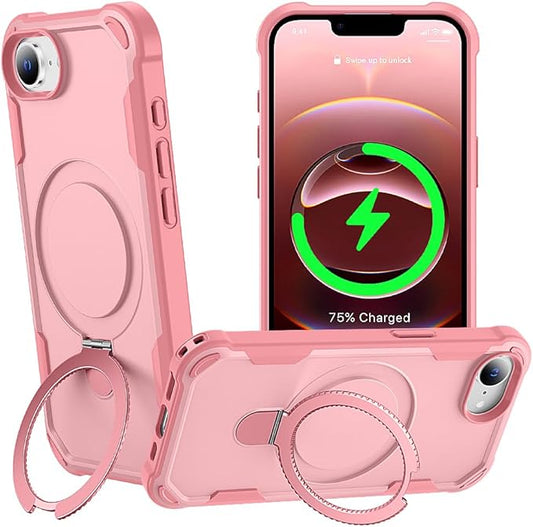 Designed for iPhone 16E Case with Magnetic Stand [Military Drop Protection][Compatible with Magnet] Shockproof 16E Phone Case with Ring Holder, Pink