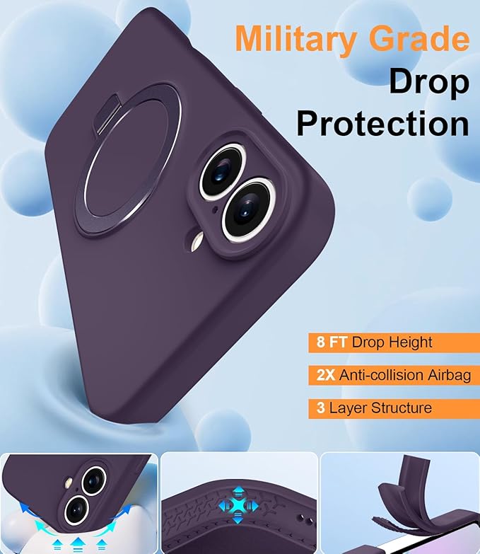 ZHK Liquid Silicone Designed for iPhone 16 Plus Case with Magnet Stand, [Precise Camera Lens Protection][Mil-Grade Drop Shockproof][Soft Anti-Scratch Microfiber Lining] Slim Fit Cover, Purple