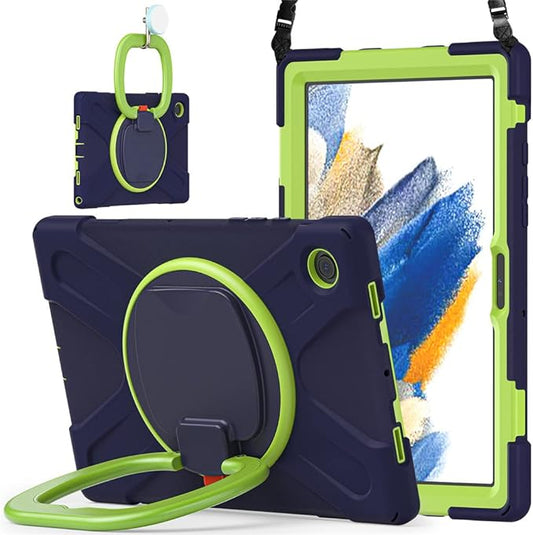 360 Rotation Case for Samsung Galaxy Tab A8 10.5" Sturdy Cover Rotate Ring Stand Shoulder Carrying Strap Hand Strap Rugged Children Adults Outdoor Case, Navy+Green