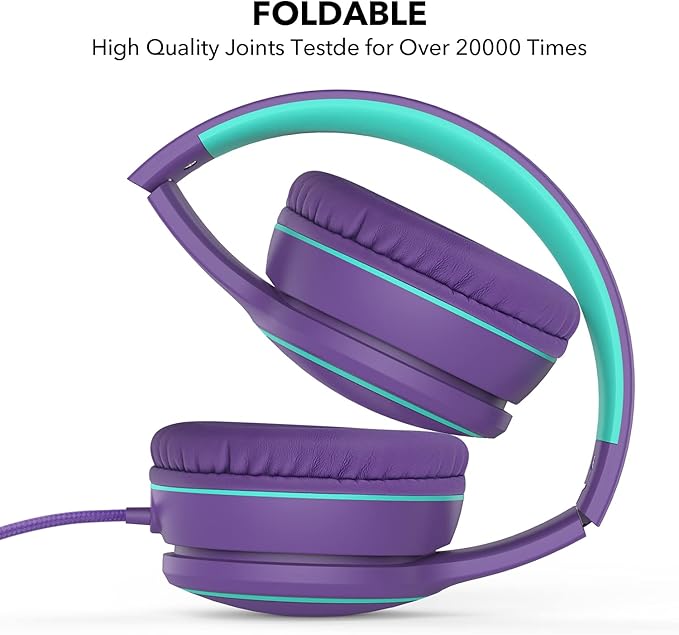 RORSOU R10 Over-Ear Headphones with Microphone, Lightweight Folding Stereo Bass Headset with 1.5M No-Tangle Cord, Portable Wired Headphones for Smartphone Tablet Computer MP3 / 4 (Purple)