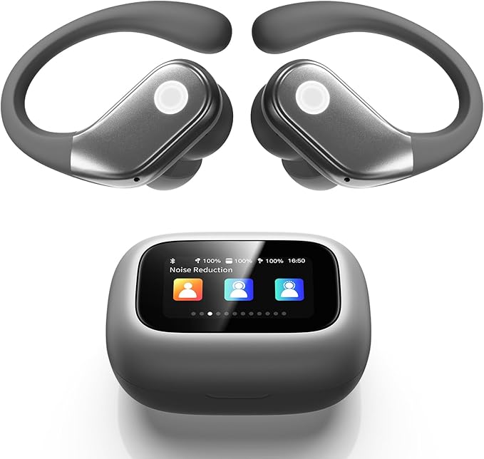 Wireless Earbuds, ANC Noise Cancelling Sport Ear Buds with Multifunctional Touch Screen Case, Bluetooth 5.4 Headphones, Bass Stereo Sound, 5 EQ Over-Ear Earbuds for Sports/Workout/Gym-Grey