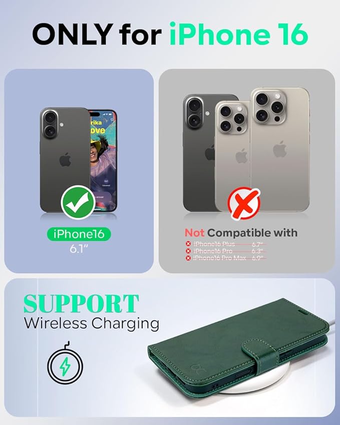 OCASE Compatible with iPhone 16 Wallet Case, PU Leather Flip Folio Case with Card Holders RFID Blocking Kickstand [Shockproof TPU Inner Shell] Phone Cover 6.1 Inch 2024, Blackish Green