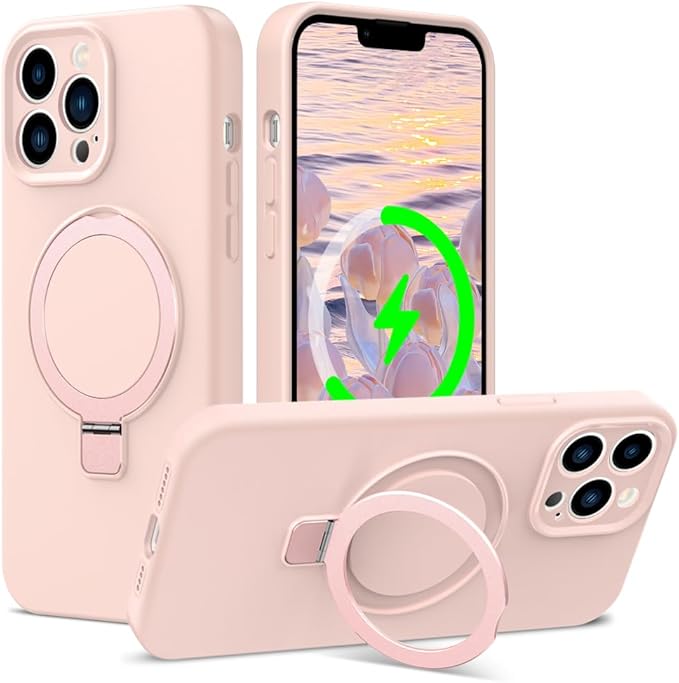ZHK Liquid Silicone Designed for iPhone 13 pro max Case with Magnet Stand, [Precise Camera Lens Protection][Mil-Grade Drop Shockproof][Soft Anti-Scratch Microfiber Lining] Slim Fit Cover, Pink